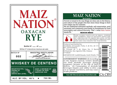 Maiz Nation Rye Whiskey 88 PF 700mL